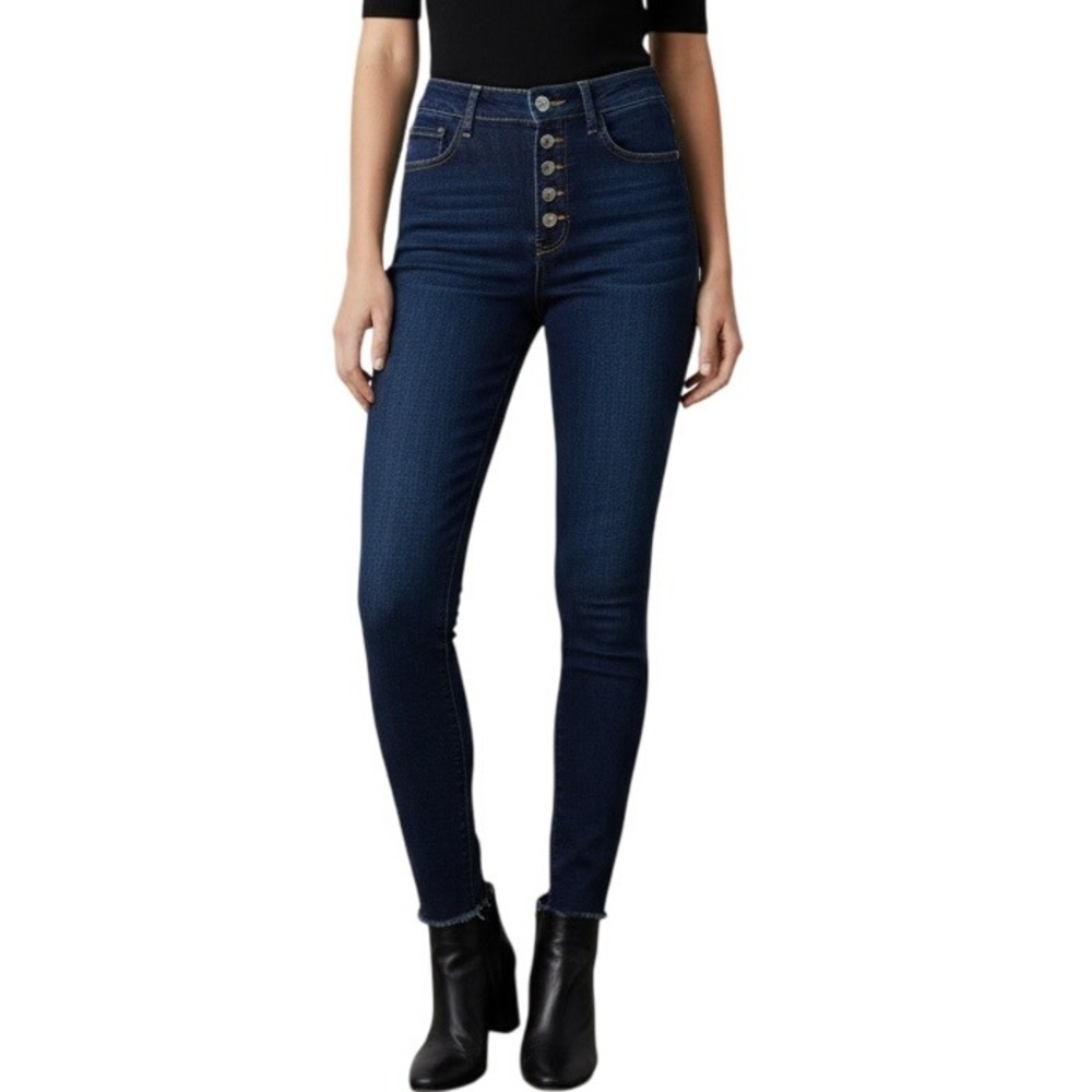 KanCan Women Jeans Size 7/27 Dark Wash High Rise‎ Button Fly Frayed Hem Denim